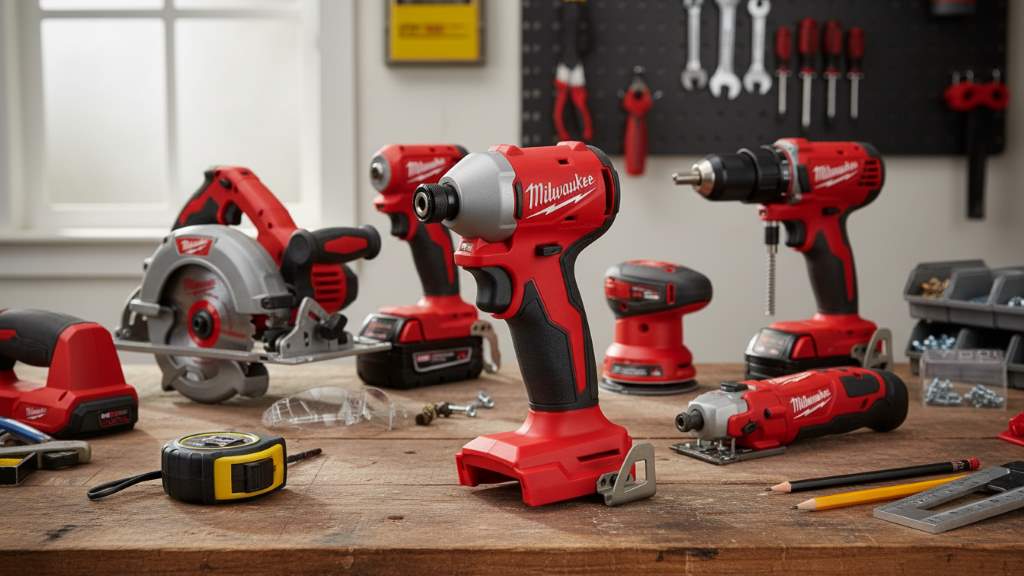 Collection of must-have power tools for DIY projects, featuring the compact Milwaukee M18 Fuel driver