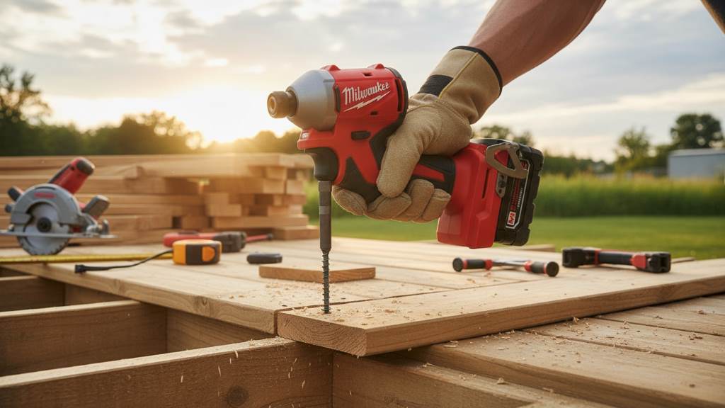 Milwaukee M18 Fuel impact driver to build a wooden deck outdoors