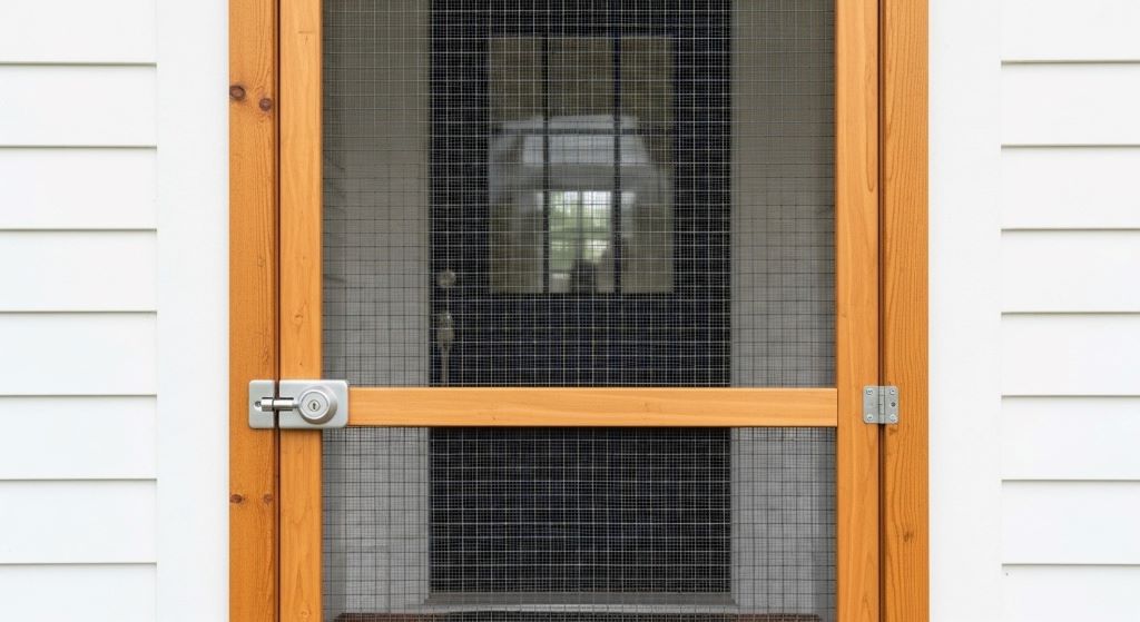 Wood frame screen door with reinforced security mesh and deadbolt lock installed on white house entrance
