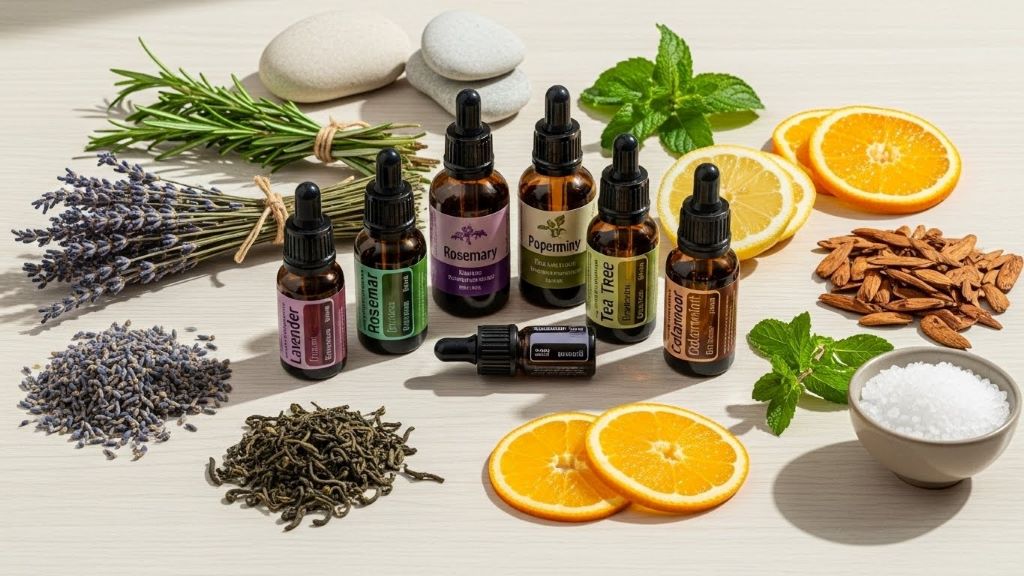 Essential oil bottles and natural ingredients used in aromatherapy head spa treatments