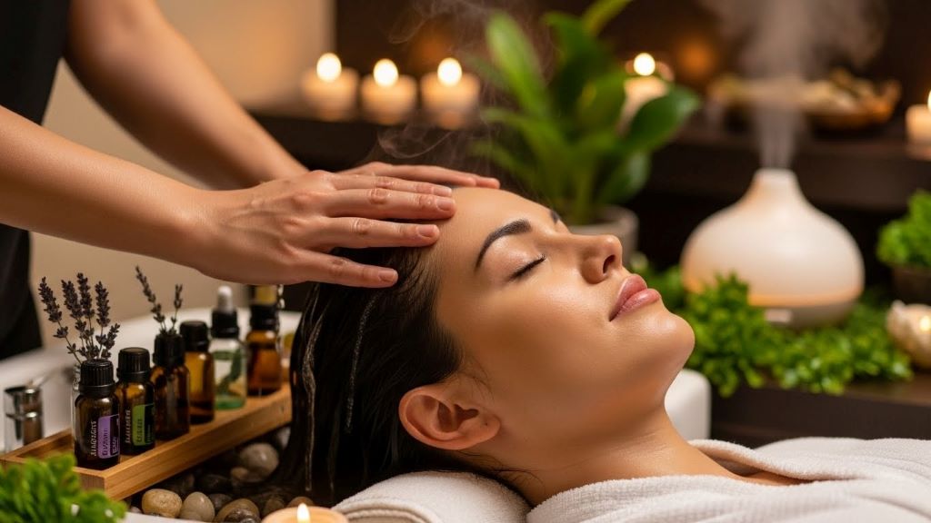 Woman receiving relaxing head spa massage treatment with aromatherapy essential oils