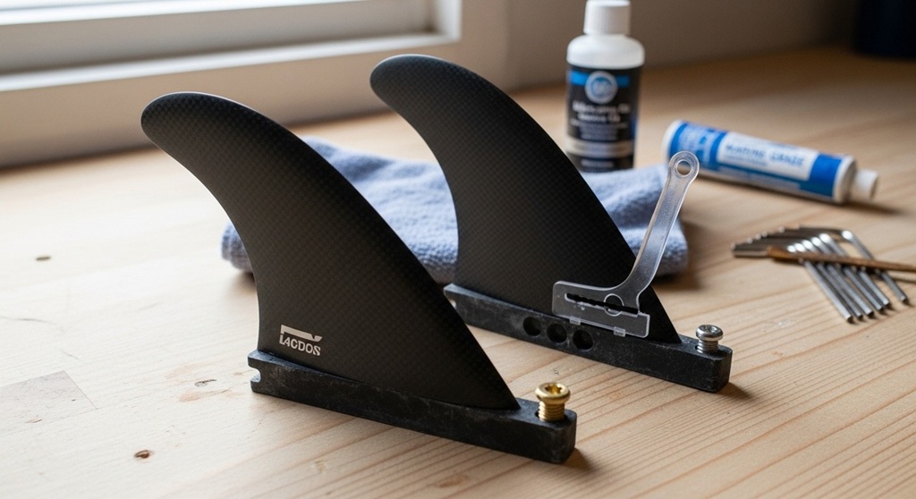 Close-up inspection of removable surfboard fins and fin box