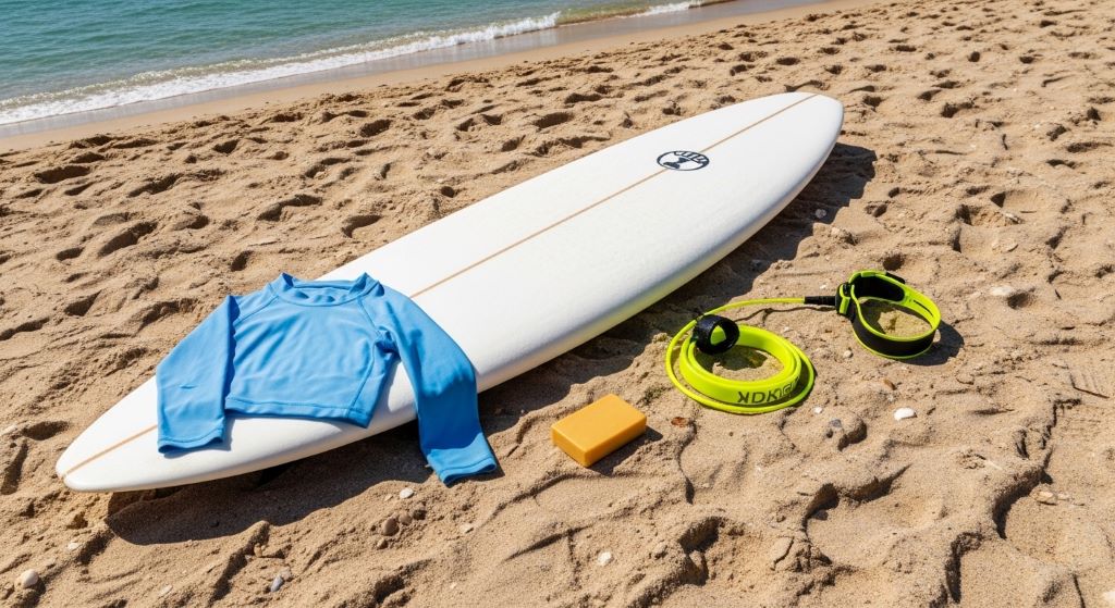Beginner surf gear laid out on sand including board, leash, wax, and rash guard