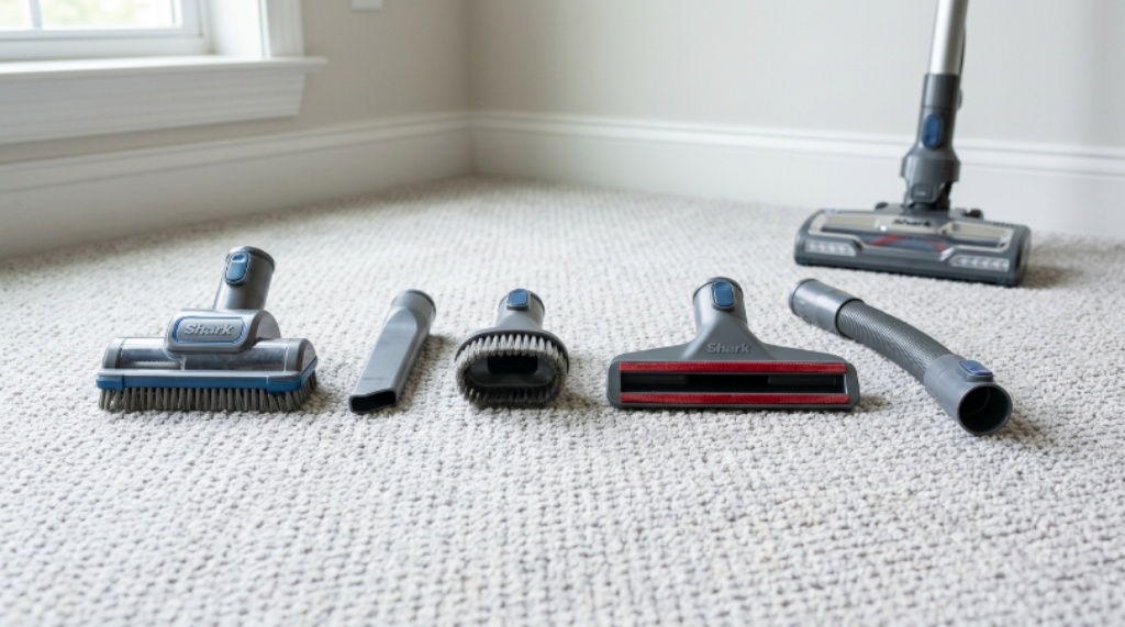 Close-up of Shark vacuum cleaner attachments laid out next to a clean carpeted floor