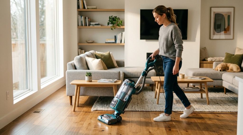 A person using a Shark vacuum cleaner on a hardwood floor in a bright, modern living room