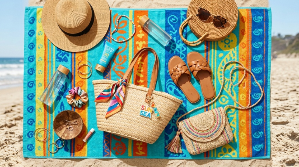 Flat lay of stylish summer fashion bags and pool accessories including sunglasses, sandals, and a straw tote on a colorful towel
