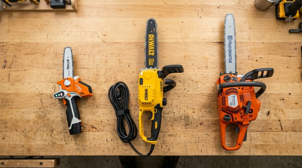 A person wearing safety gear trims a tree branch with a lightweight chainsaw.